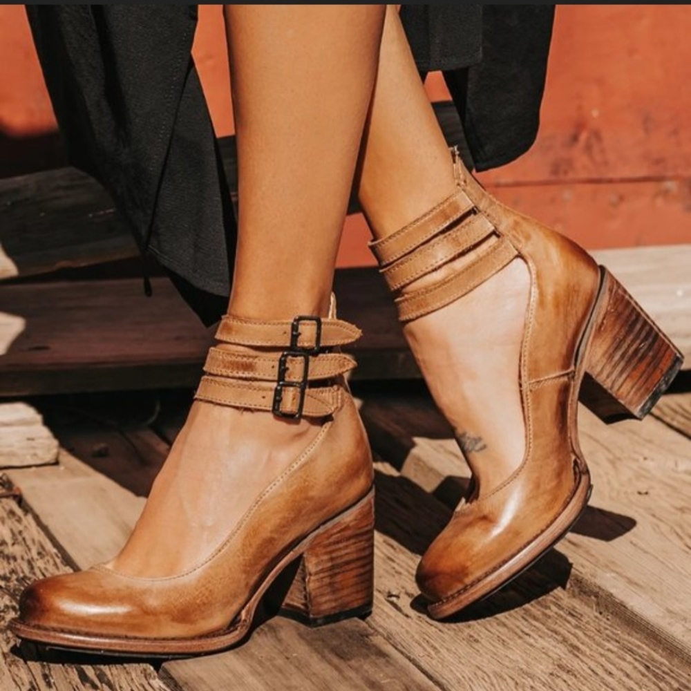 NEW Freebird Tan Leather Ankle Strap Block Heel Pumps